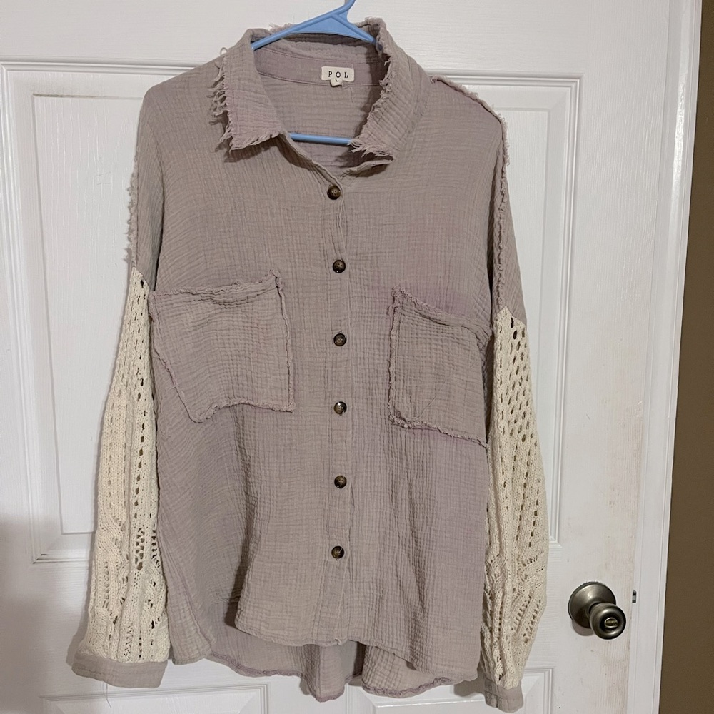 POL | Purple Gauzy and Knit Sleeve Top - Sz L